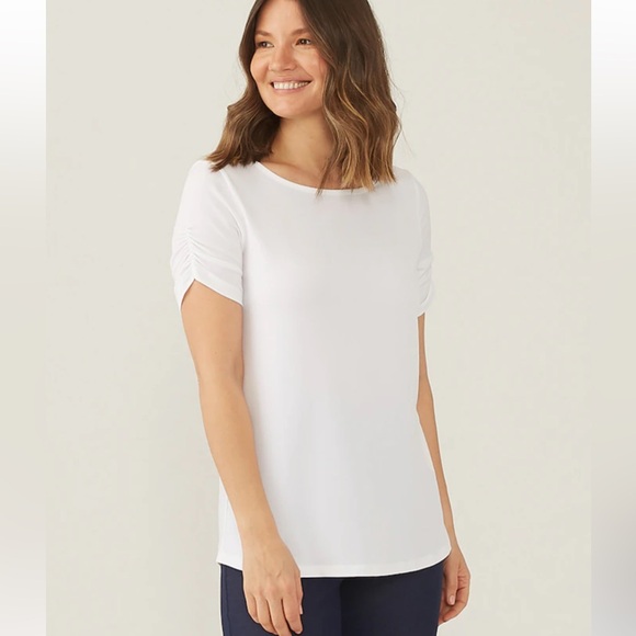 Kim & Co. Brazil Knit Short Ruched Sleeve Top - Picture 1 of 8